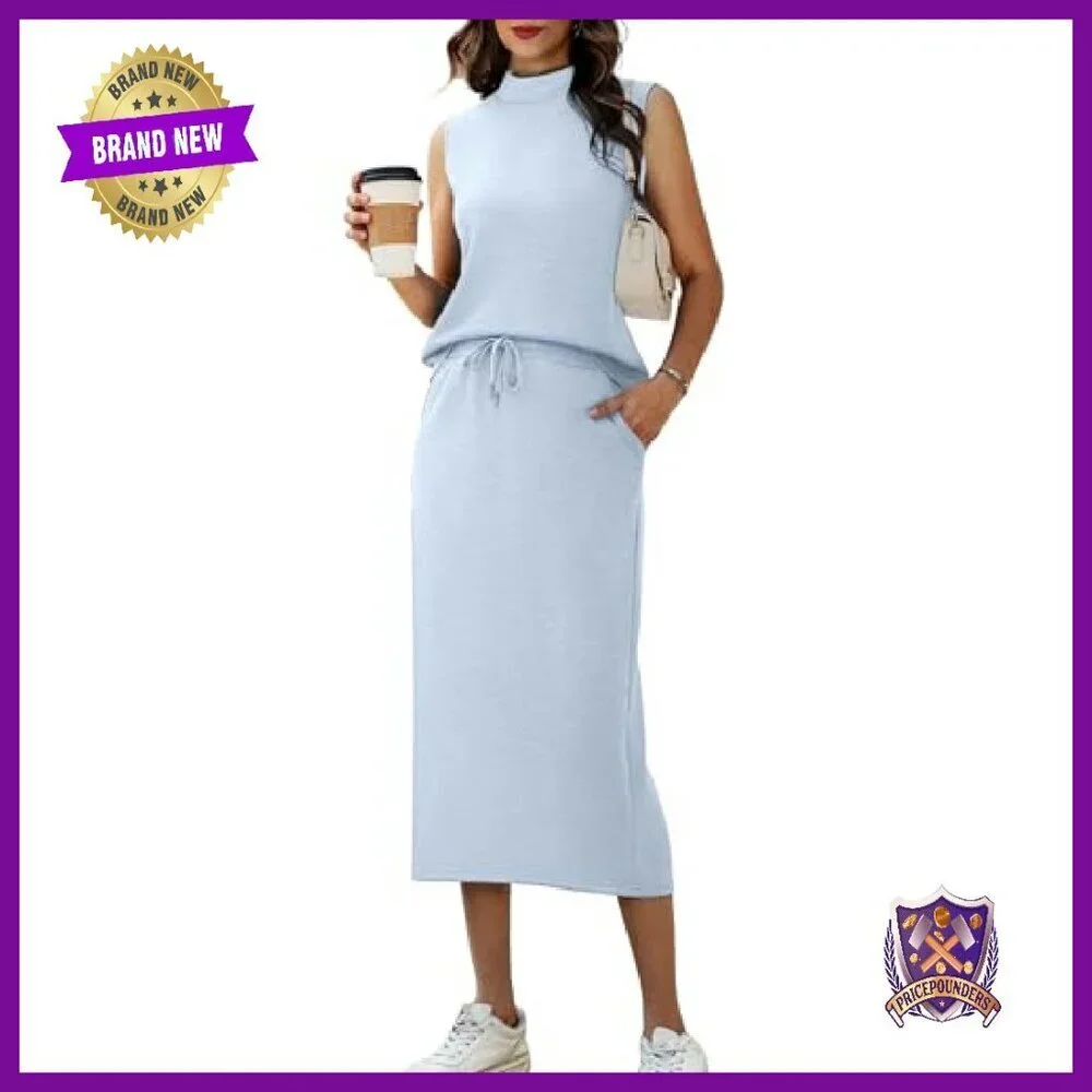 Sleeveless Mock Neck Top & Drawstring Midi Skirt Set - Luxe Soft Fabric